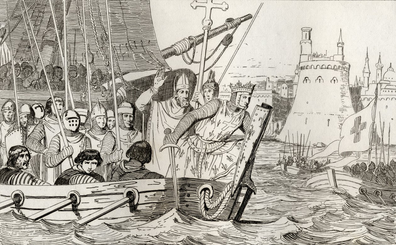 Saint Louis IX leidt zijn troepen in de strijd, uit 