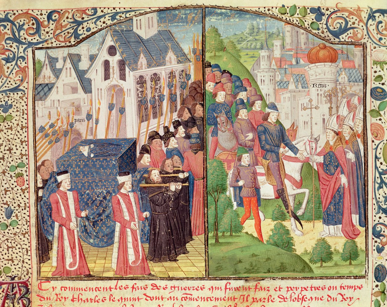 De begrafenis van Sint Lodewijk in Parijs in 1270 en De aankomst van Karel V in Reims in 1364 om gekroond te worden tot koning in de kathedraal, uit een manuscript van de 