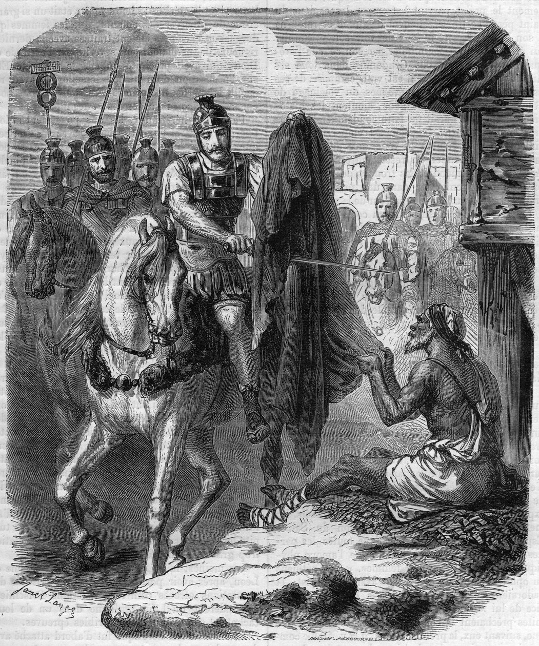 Sint Maarten van Tours die zijn mantel in tweeën snijdt om aan een arme man te geven. Gravure in "Histoire des Papes-Rois-Queen and Empereurs a travers les centuries" door Maurice Lachatre door French School