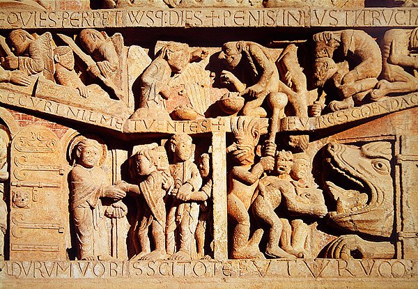Sint-Pieter ontvangt de gezegenden in de hemel en de verdoemden vallen in de kaken van de hel, detail van het Laatste Oordeel op het Westportaal Tympanum, c.1135 door French School