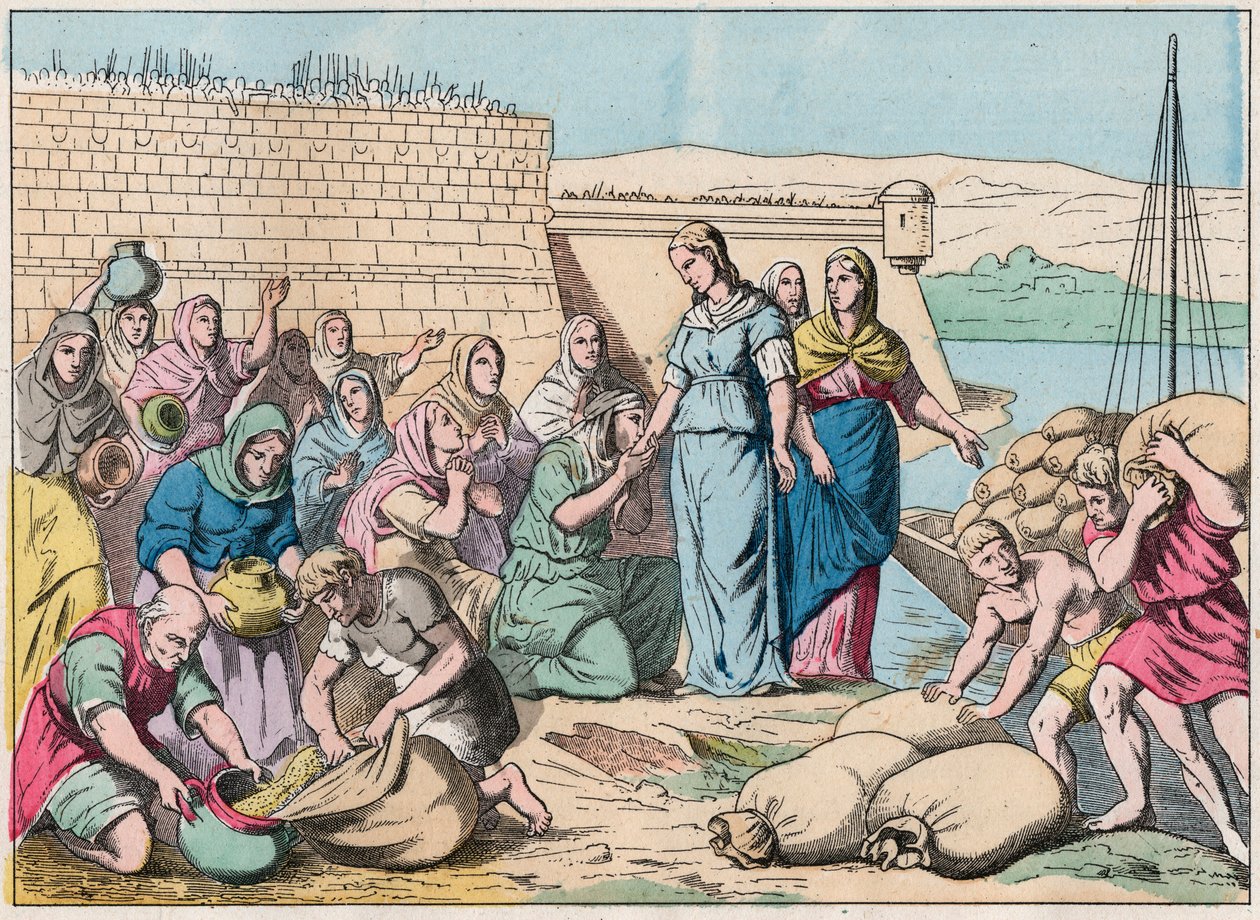Sainte Genevieve verdeelt voedsel aan de mensen tijdens het beleg van Parijs door het leger van de Hunnen van Attila in 451 (barbaarse invasies) - Sainte Genevieve en de mensen van Parijs - Gravure van het einde van de 19e eeuw in 