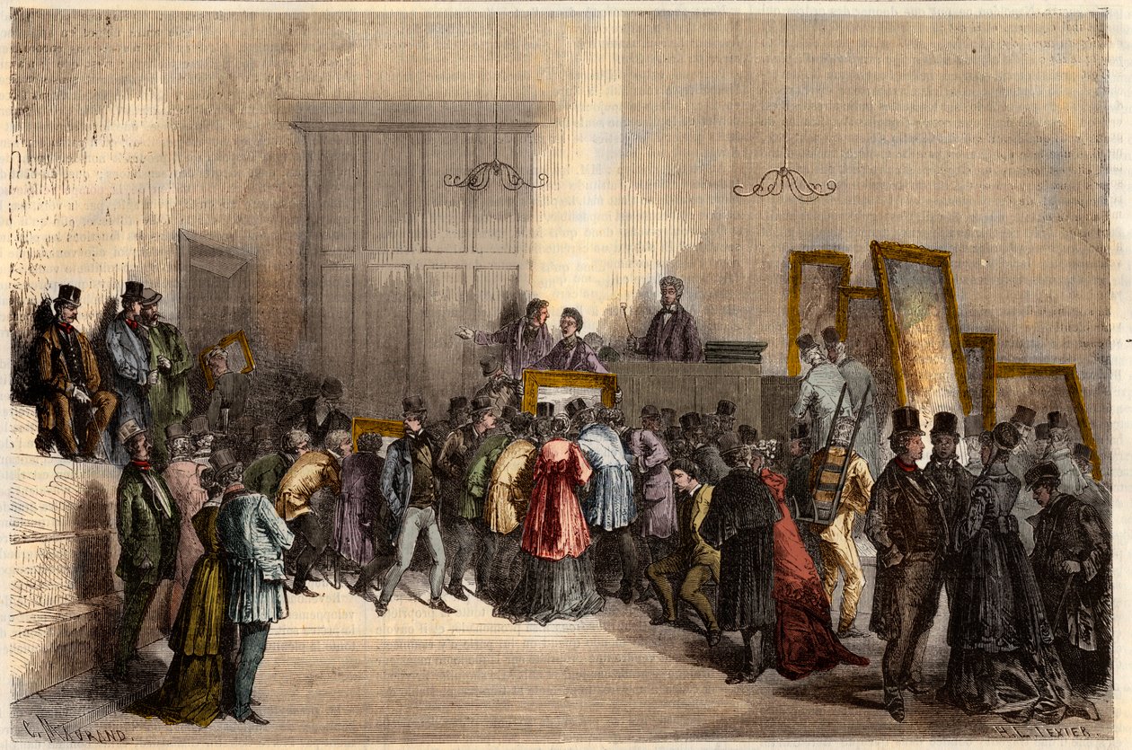 Verkoop van schilderijen in het veilinghuis in Parijs in 1868. Gravure in 
