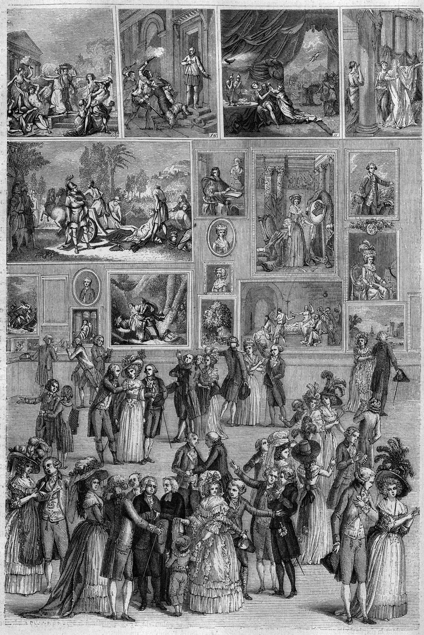 Salon van 1787: uitzicht op de Salon Carré in het Louvre tijdens de schilderijententoonstelling in Parijs. Gravure door Martini in 