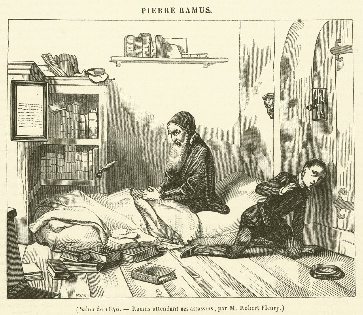 Salon van 1840, Ramus in afwachting van zijn moordenaars (gravure) door French School