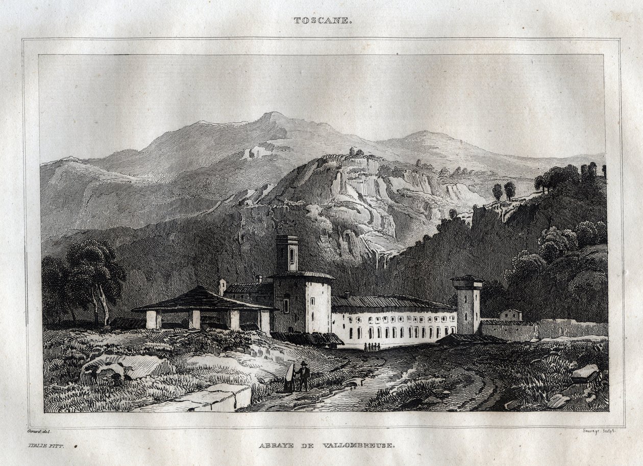 Santa Maria di Vallombrosa Benedictijner abdij gelegen in de gemeente Reggello, in Toscane - Vallombrosa Abdij - Gravure uit "Italy Picturesque" - Historische en Beschrijvende Schildering van Italië" door M. de Norvins, Ch. Nodier 1834-1836. door French School