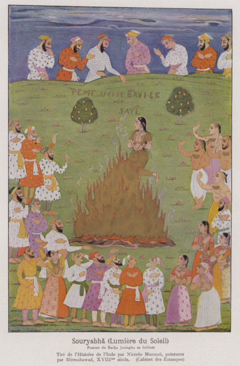 Sati, de traditie van een weduwe die zichzelf opoffert op de brandstapel van haar man in India (kleurenlitho) door French School