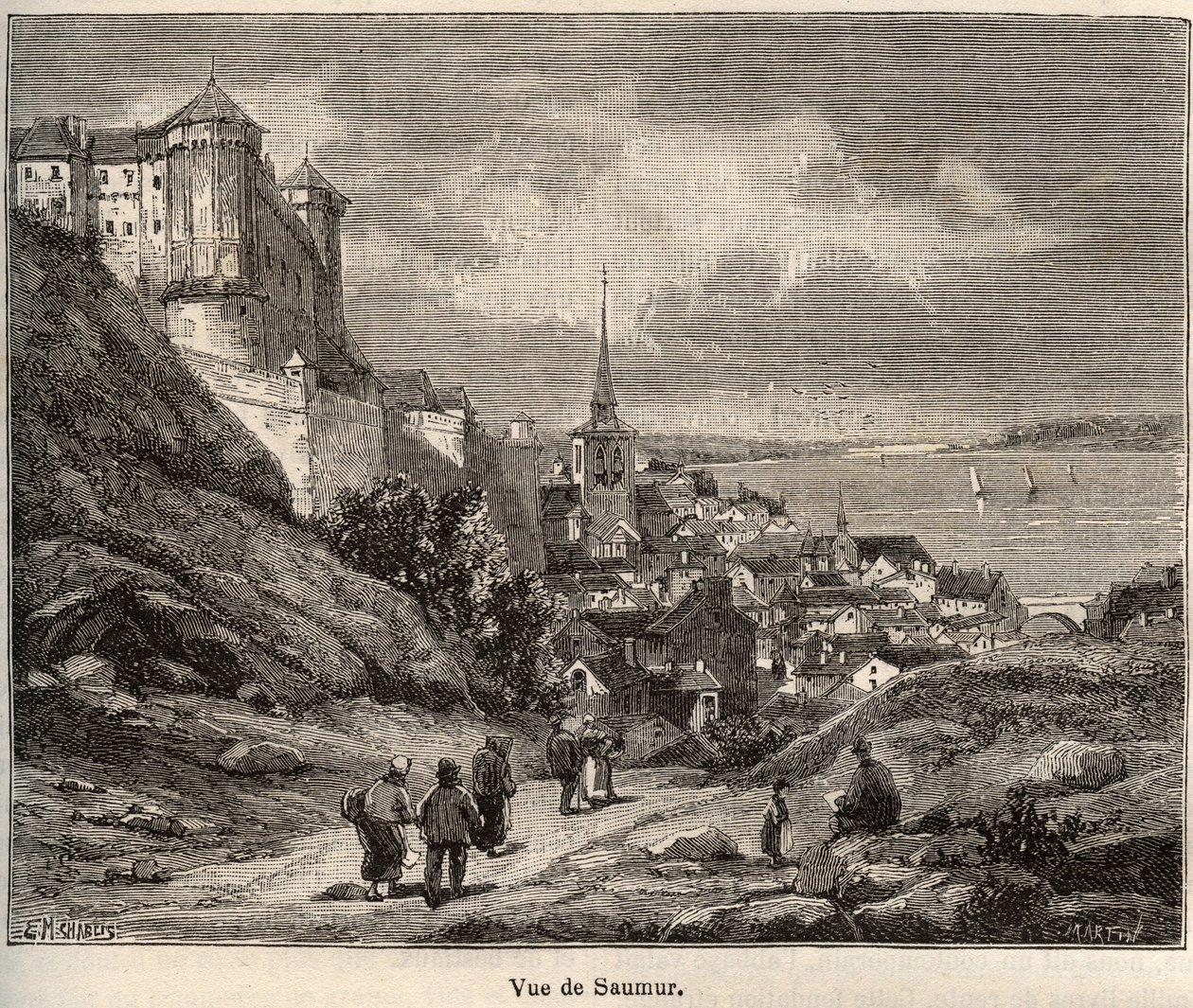 Saumur departement Maine-et-Loire, in de regio Pays de la Loire - gravure in 