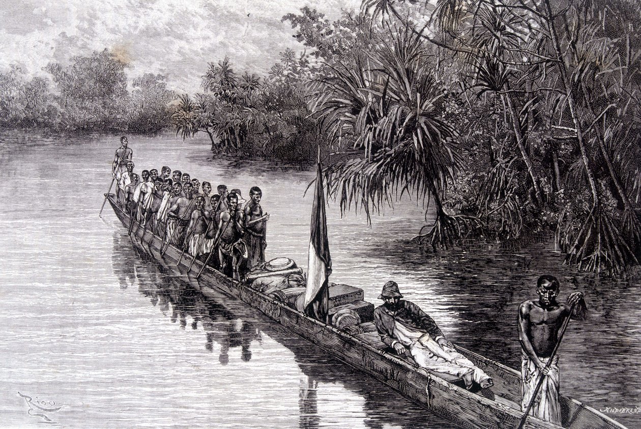 Savorgnan de Brazza in een kano in de pandanus van West-Afrika - in 