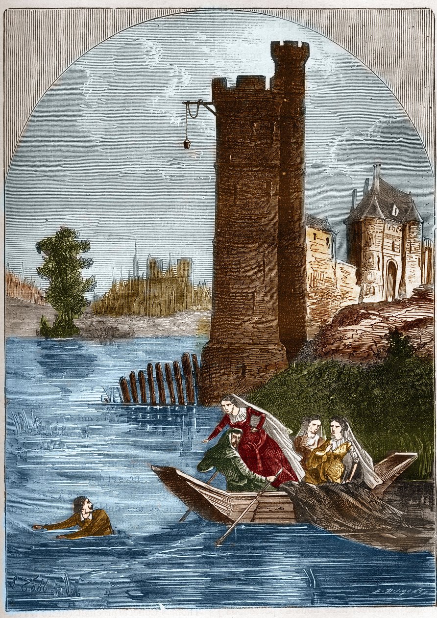 Schandaal (affaire) van de toren van Nesle: Buridan slaagde erin te ontsnappen uit de toren van Nesle in Parijs in 1314 ondanks de hinderlaag van koningin Marguerite van Bourgondië (1290-1315). Gravure in 