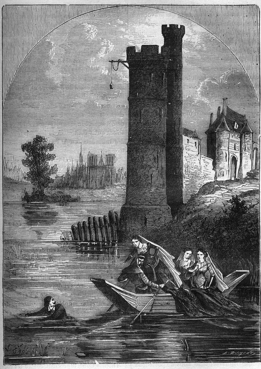 Schandaal (affaire) van de toren van Nesle: Jean Buridan ontsnapte uit de toren van Nesle in 1314 ondanks de hinderlaag van koningin Marguerite van Bourgondië (1290-1315). door French School