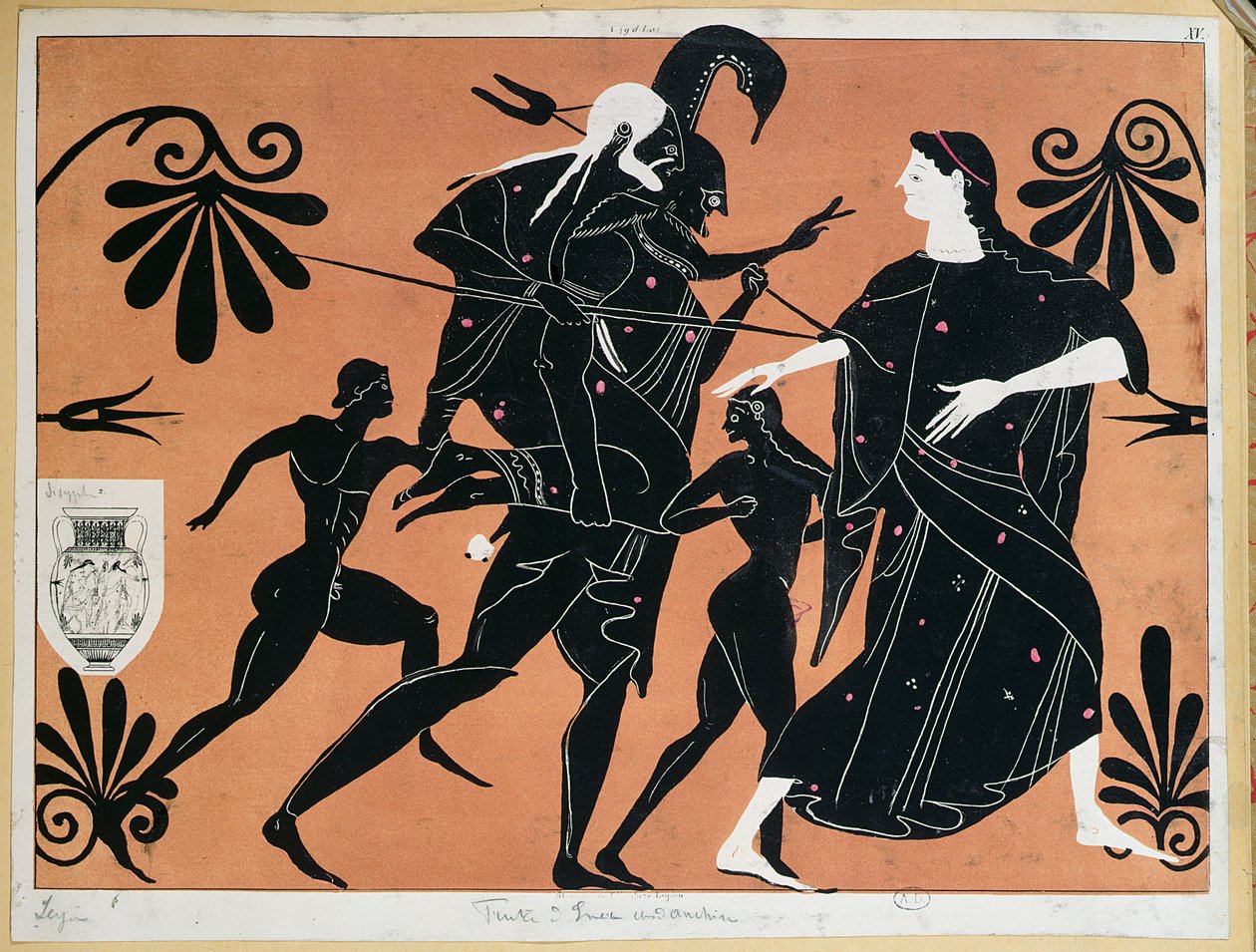 Scène van een oude Griekse vaas die de vlucht van Aeneas uit Troje toont met zijn zonen en zijn vader Anchises op zijn rug door French School