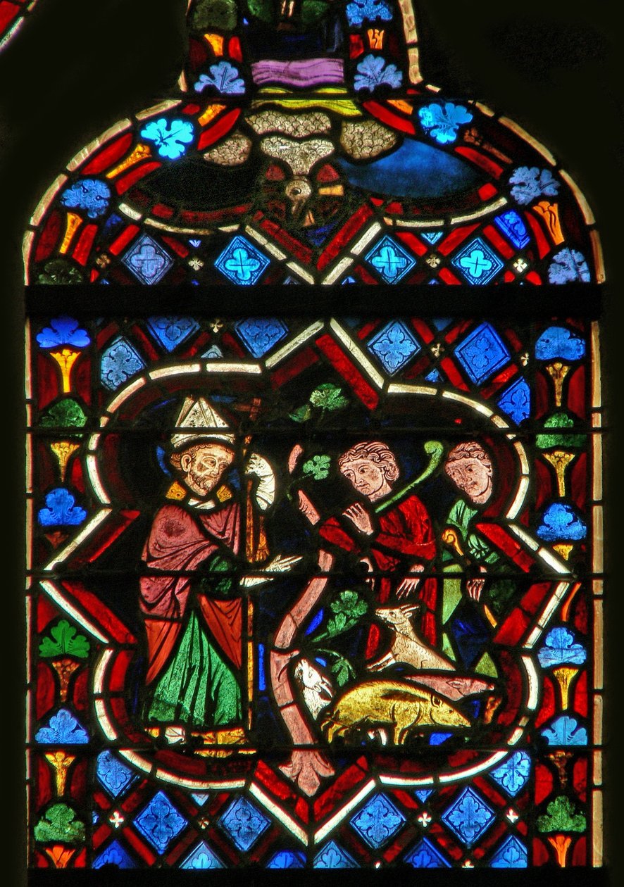 Scène in het oostelijke raam met St. Samson verandert varkens in geiten door French School