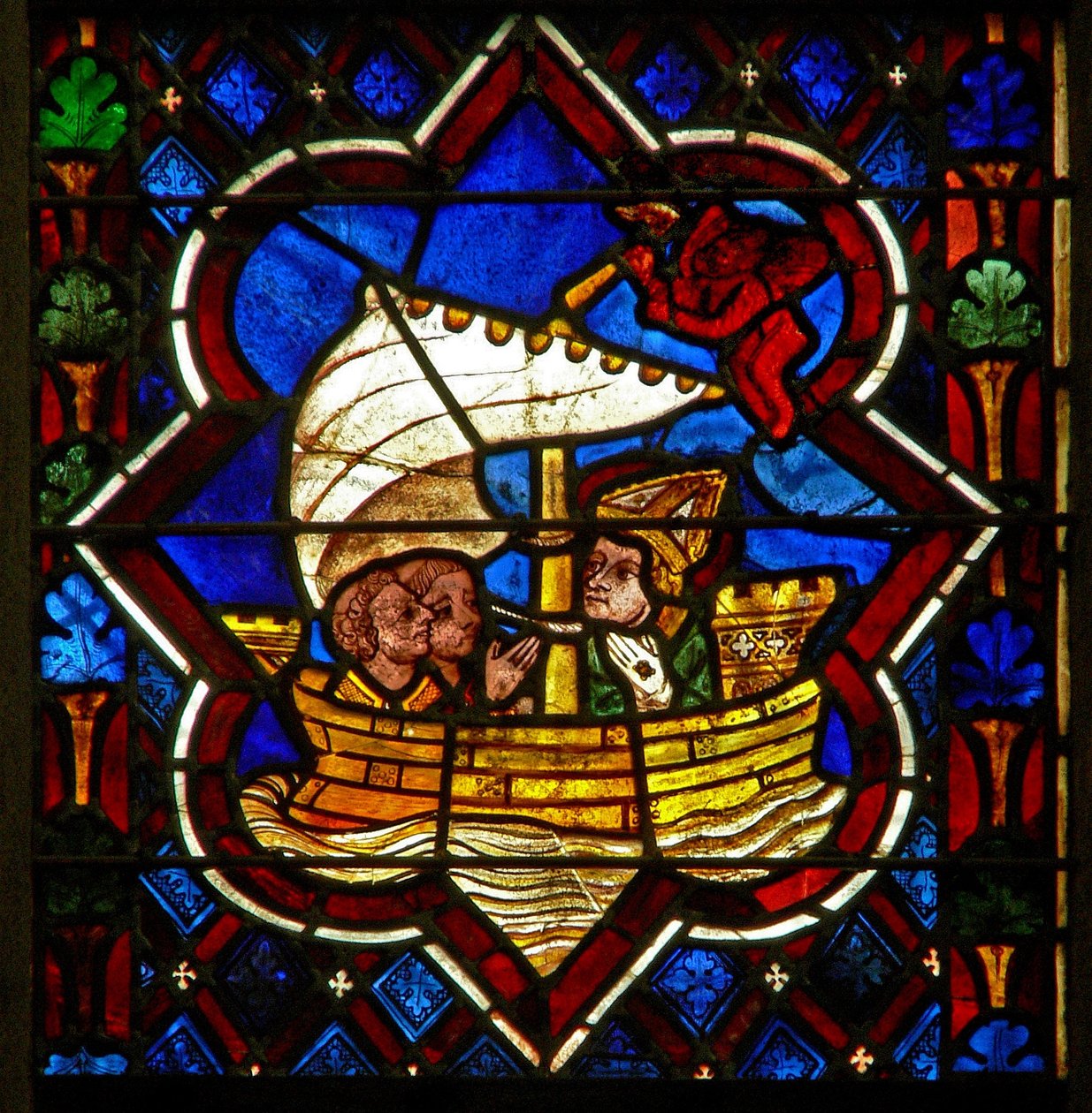 Scène in het oostelijke raam met St. Samson steekt het Engelse Kanaal over door French School