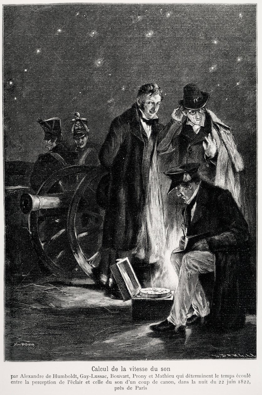 Wetenschappelijk experiment: de berekening van de geluidssnelheid, door Humboldt, Louis-Joseph Gay-Lussac, Bouvard, Prony en Mathieu, die de tijd bepalen tussen de waarneming van licht en die van een geweerschot, 