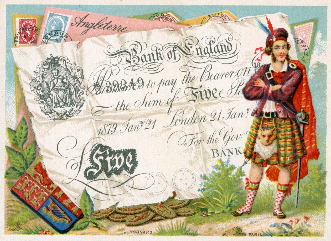 Schotse soldaat die een Bank of England vijf pond biljet bewaakt, 1886-95 door French School