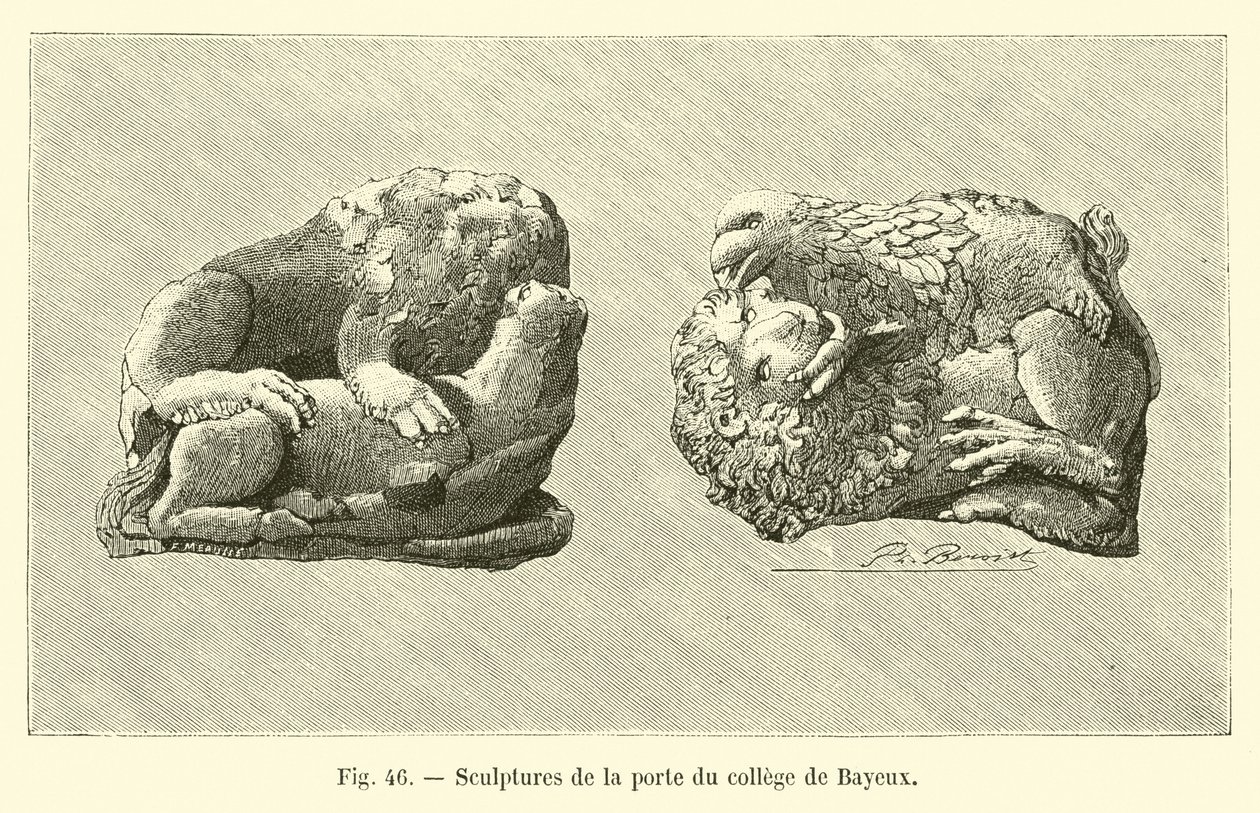 Sculpturen op de deur van het college in Bayeux (gravure) door French School
