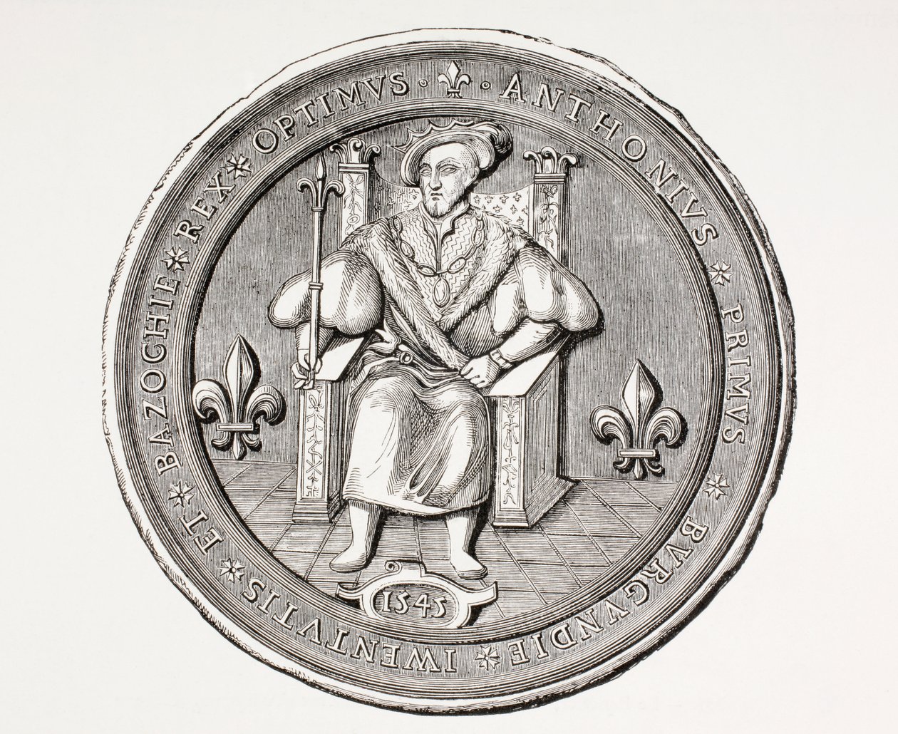 Zegel van de Koning van de Basoche, de leider van het gilde van juridische klerken van het Parijse rechtssysteem, uit Les Arts au Moyen Age, gepubliceerd 1873 door French School