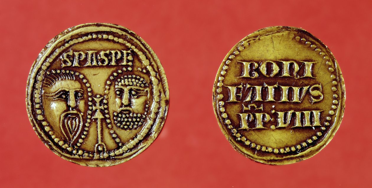 Zegel met de hoofden van St. Paulus en St. Petrus, van een bul van paus Bonifatius VIII, recto en verso, 1295 door French School