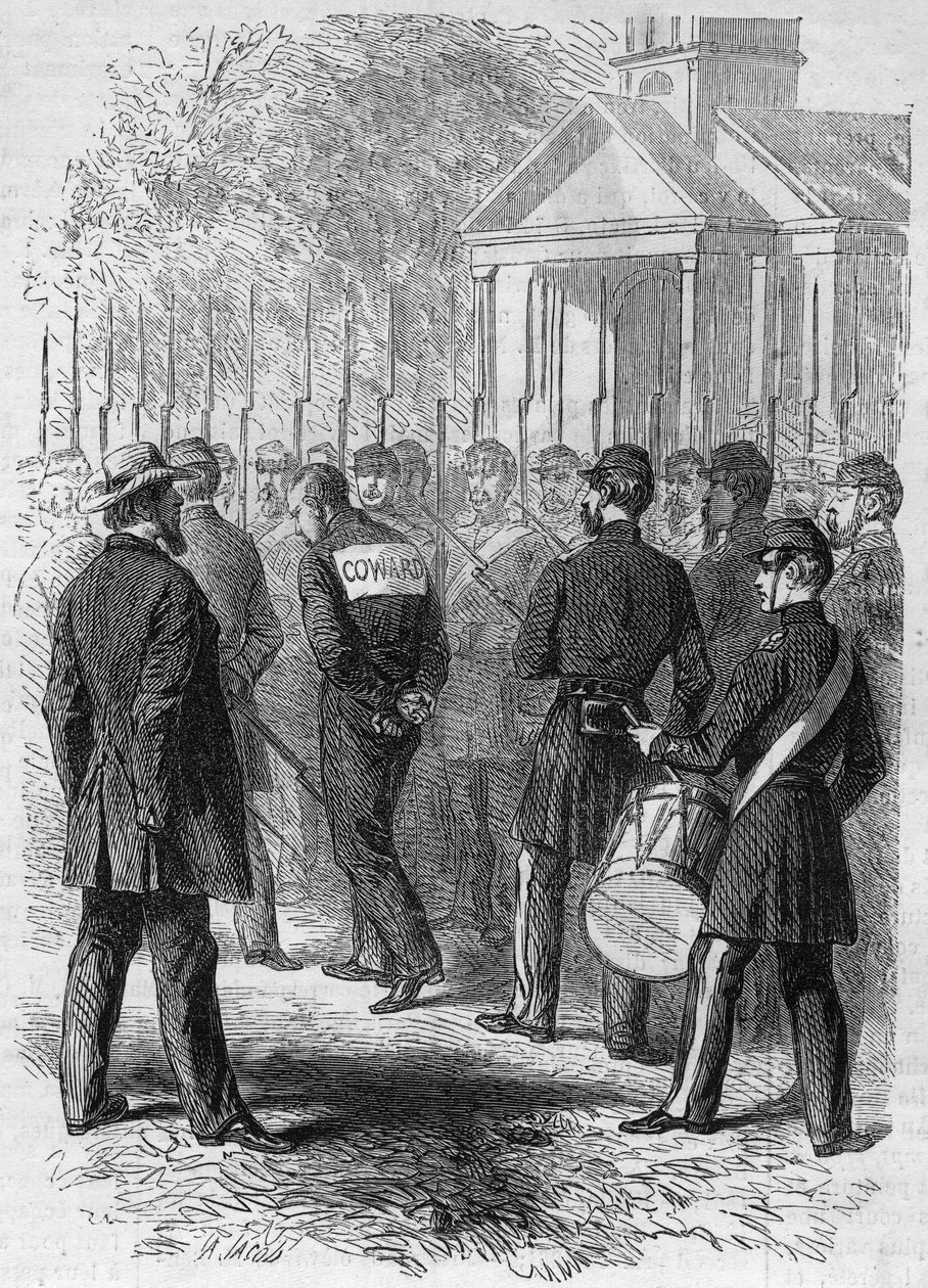 Secessieoorlog (1861-1865) of Amerikaanse Burgeroorlog: straf van een soldaat van het noordelijke leger beschuldigd van lafheid in de strijd. Met zijn handen gebonden, een 