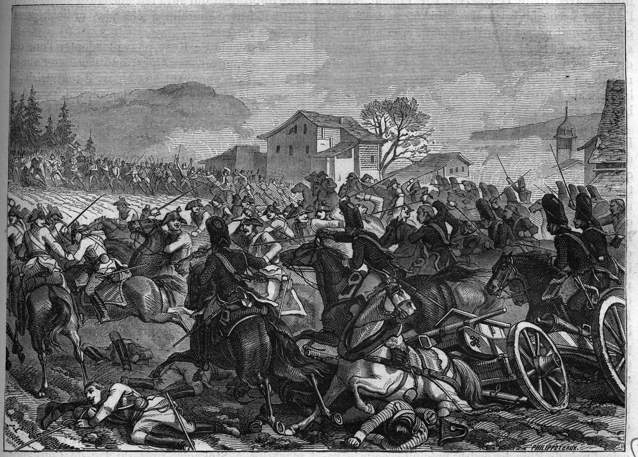 Tweede Coalitie (1798-1800): Slag bij Stockach op 3 mei 1800 tussen Frankrijk en Oostenrijk - Gravure van 1865 in 