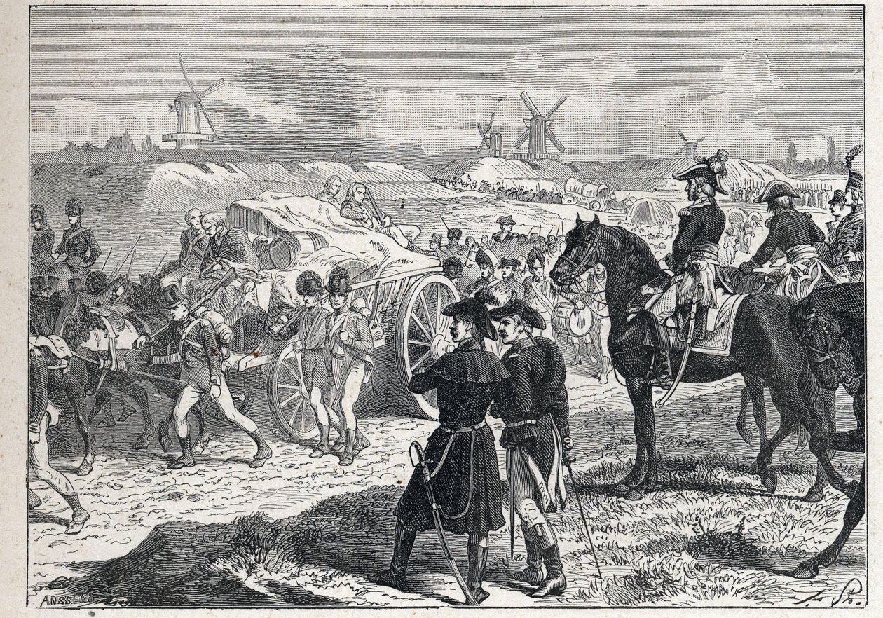 Tweede coalitie: het Franse leger onder bevel van maarschalk Brune versloeg de Engelse troepen van de hertog van York in Nederland, oktober 1799 door French School