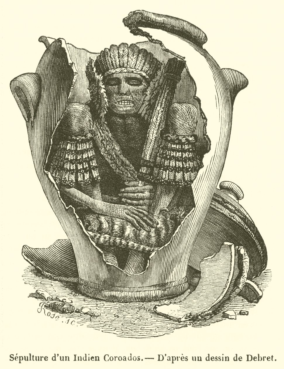 Sepultuur van een Coroados-indiaan (gravure) door French School