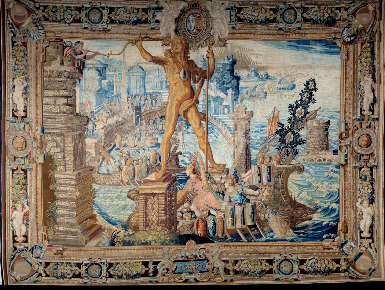 Zeven wereldwonderen: de Kolossus van Rhodos (standbeeld van Helios). Wandtapijt gemaakt door de werkplaats van de Gobelins. 17e eeuw Parijs, Musee des Gobelins door French School