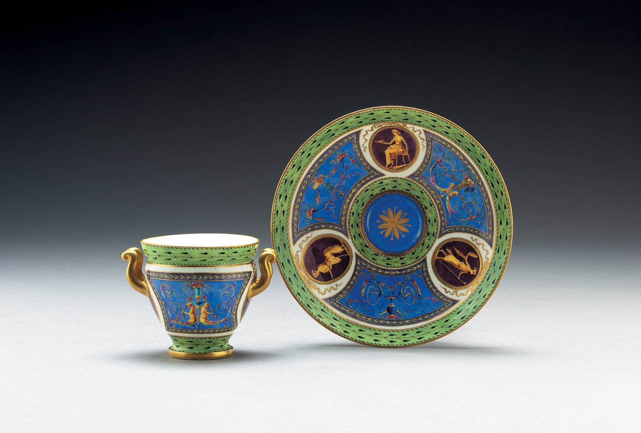 Sevres bleu celeste en lichtgroene grond twee-handled kop en schotel, 1790 door French School