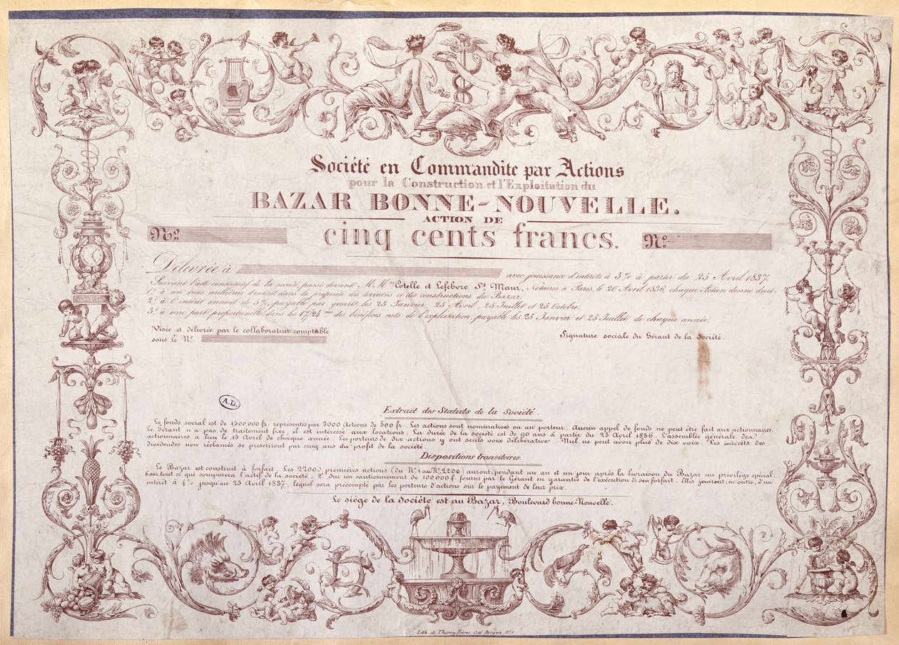 Aandeelbewijs voor 500 francs voor de Bazar Bonne-Nouvelle, 1836 door French School