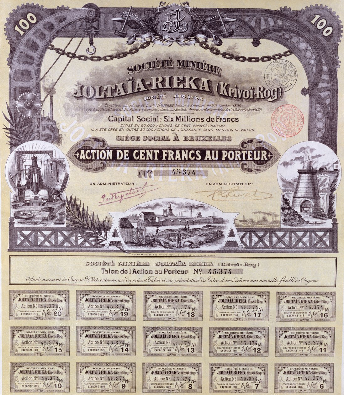 Aandeelcertificaat voor 100 francs voor de Frans-Russische Joltaia-Rieka mijnbouwmaatschappij, 1899 door French School