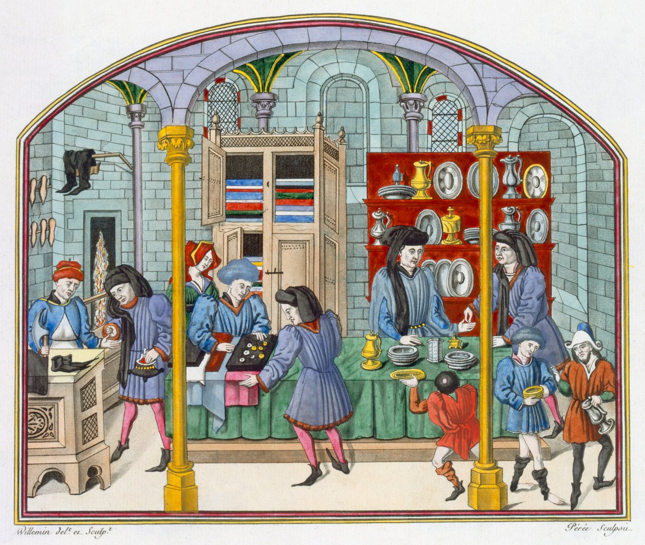 Winkels onder een Overdekte Markt, naar een miniatuur in een 14e-eeuwse vertaling van Aristoteles