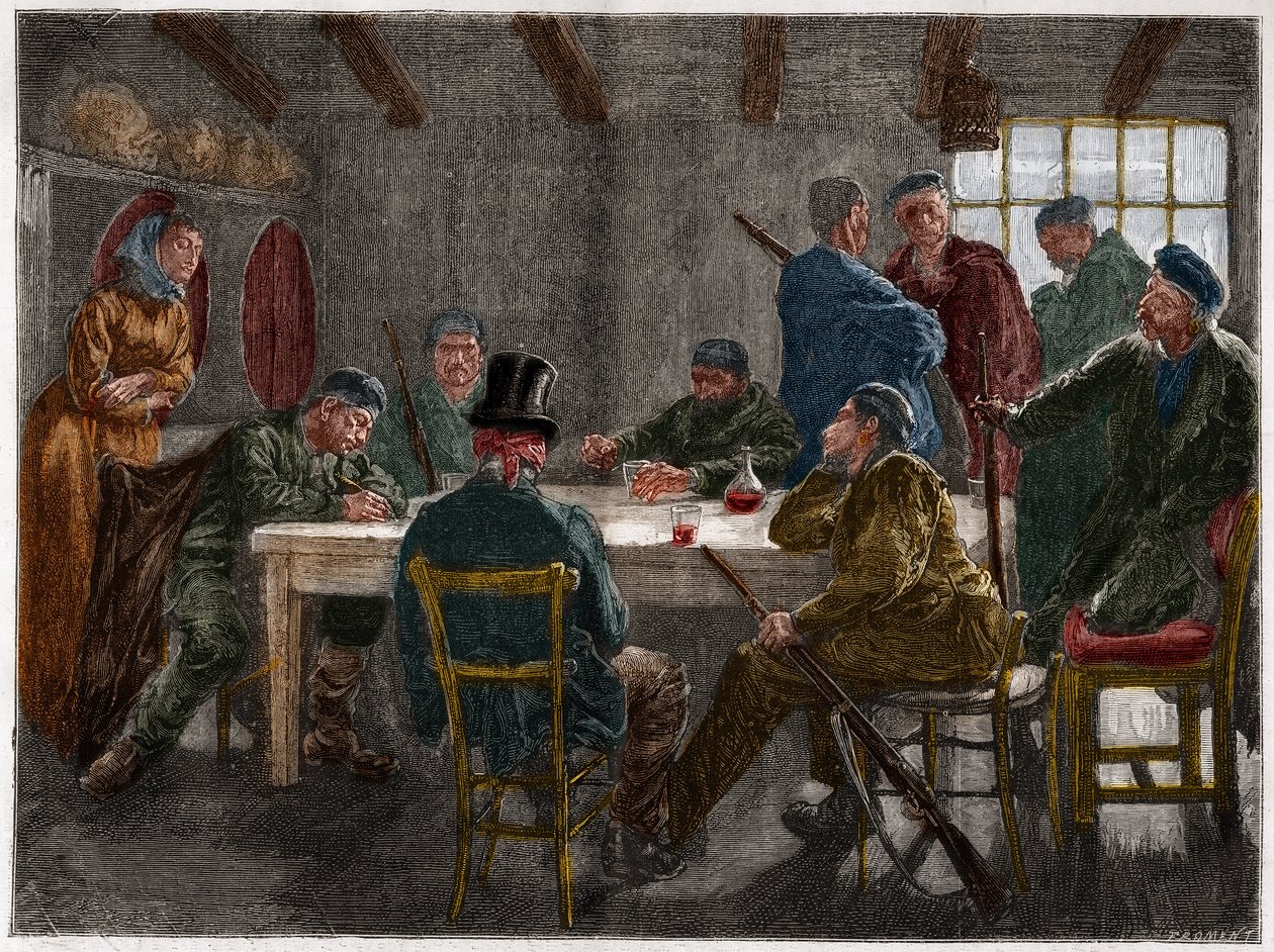 Siciliaanse maffia in de 19e eeuw: Verhoor van een landeigenaar door Siciliaanse maffiosi in 1873. Gravure uit 1873. door French School