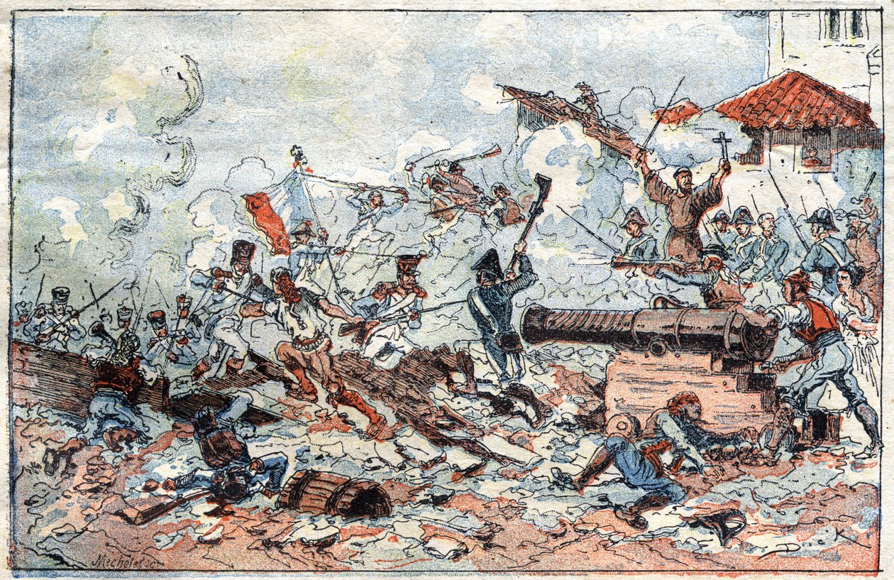 Beleg en inname van Zaragoza in Spanje in februari 1809 door de Napoleontische troepen. Gravure uit de 19e eeuw door French School