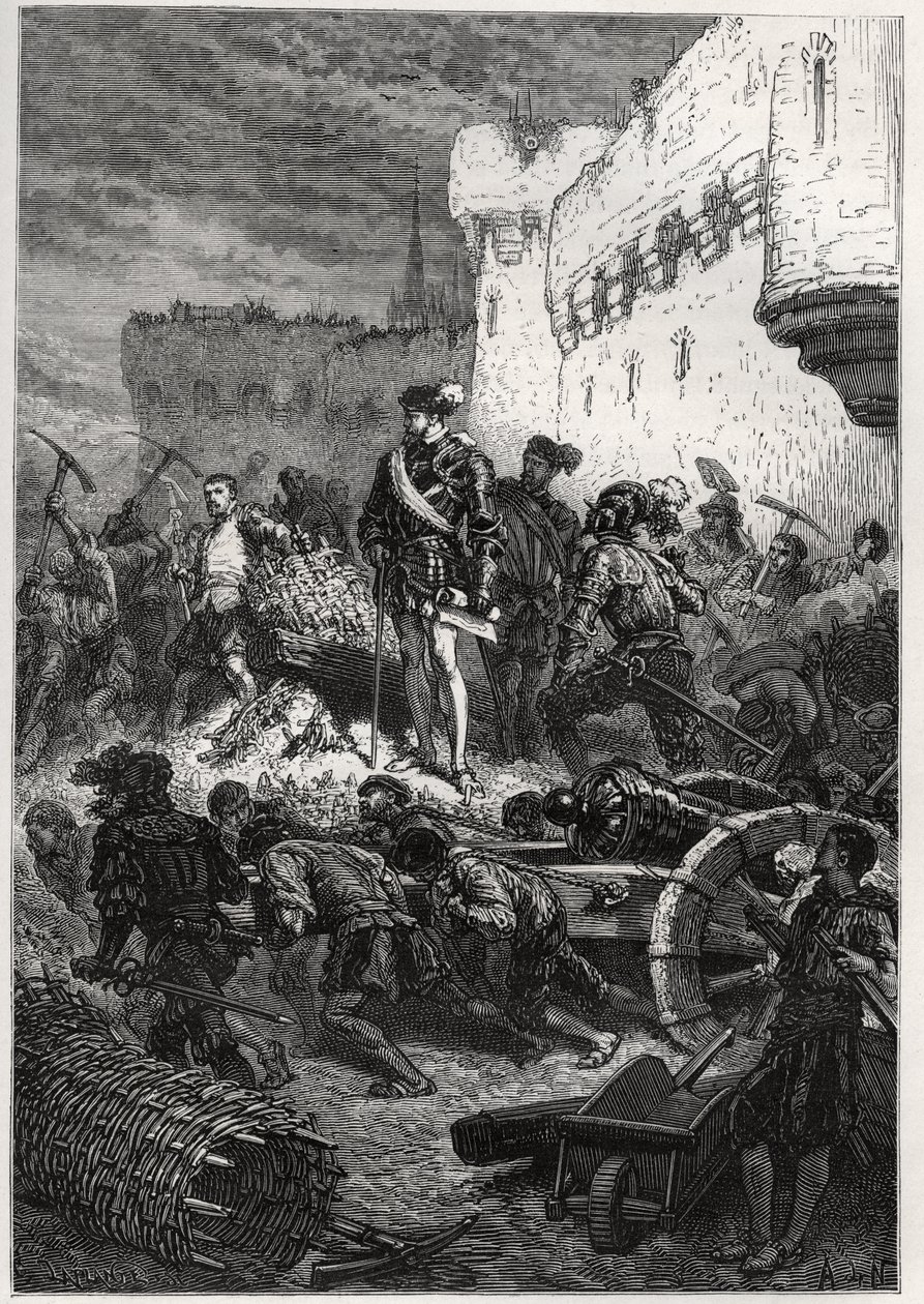 Beleg van Metz (1552) - Francois de Guise en de werken aan de wallen van Metz - gravure uit 
