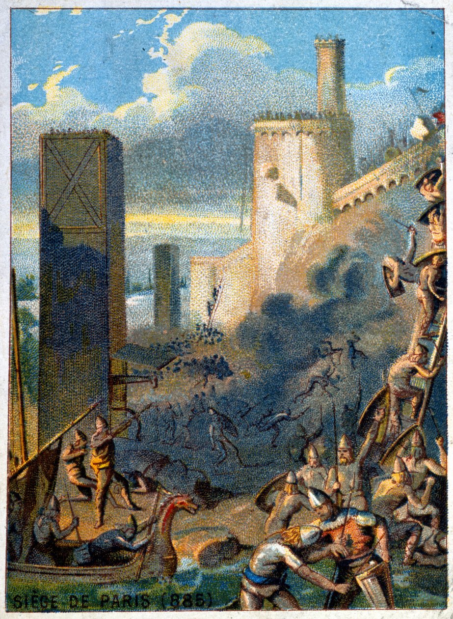 Belegering van Parijs (885) door de Noormannen (Vikingen). Chromolithografie van de serie 