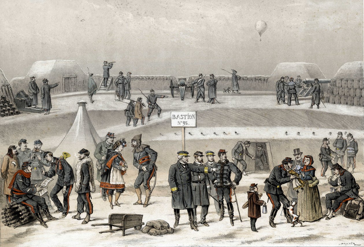 Belegering van Parijs in 1870 tijdens de oorlog 1870-1871. De soldaten bereiden de verdediging van de stad voor: men kan een soldaat in de bunker zien. door French School