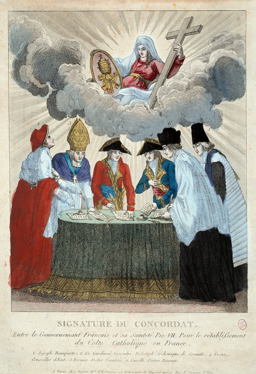 Ondertekening van het Concordaat van 1801 op 15/07/1801: het is ondertekend tussen de Franse regering (hier vertegenwoordigd door Joseph Bonaparte) en de Heilige Stoel (vertegenwoordigd door kardinaal Consalvi voor paus Pius VII). 1801 Parijs, Musee Carnav door French School