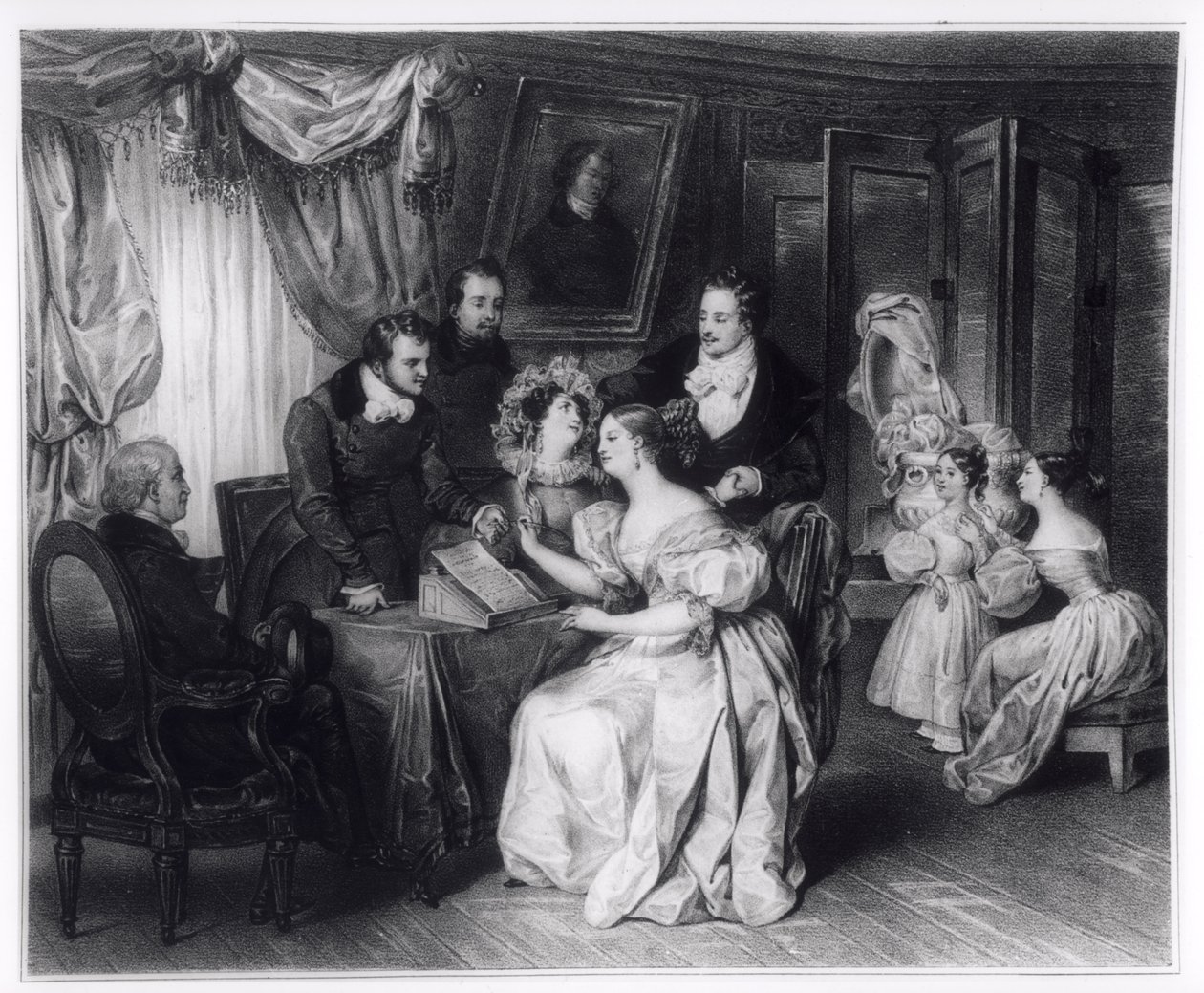 Ondertekening van het huwelijkscontract bij de notaris, ca. 1840 door French School
