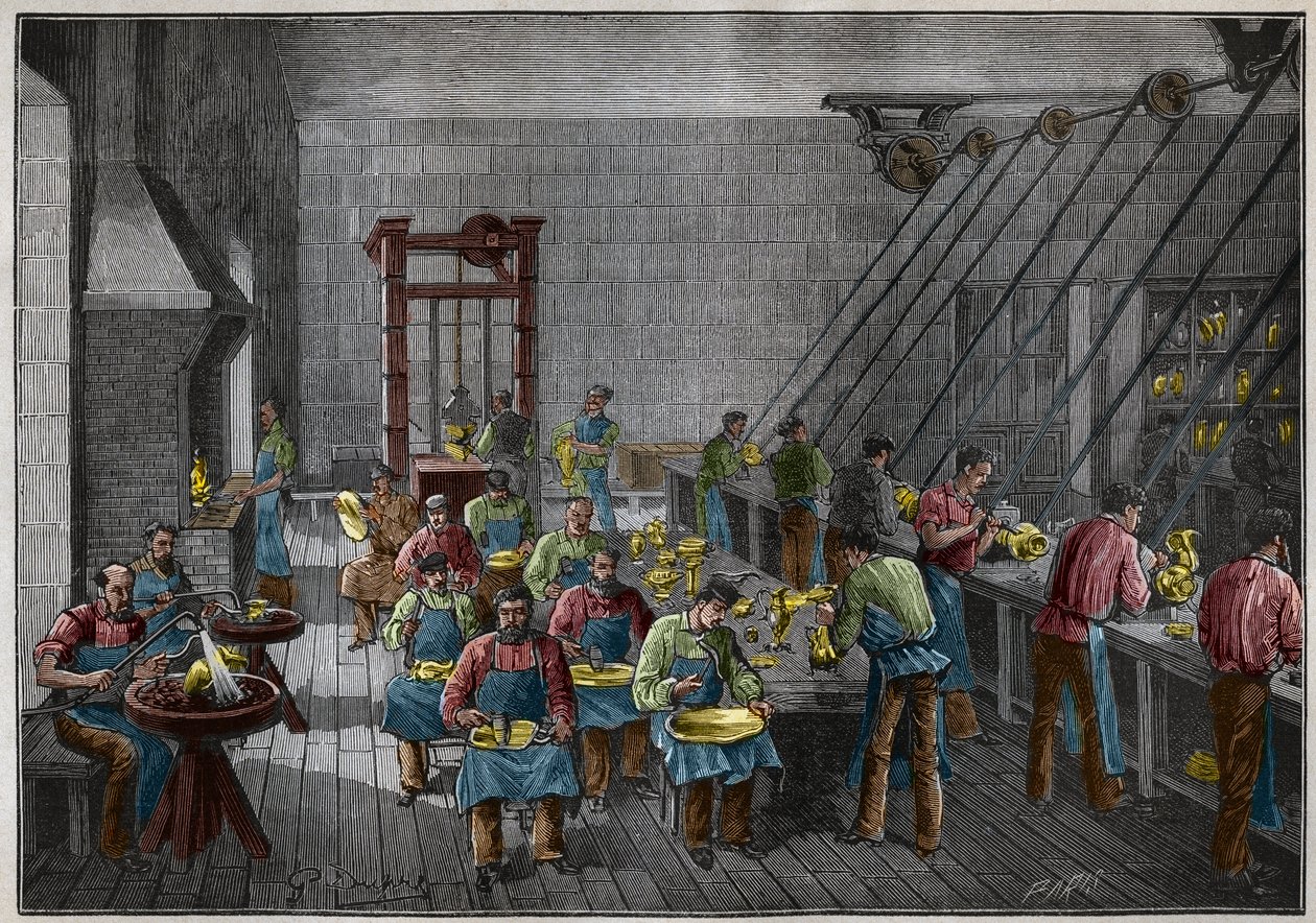 Zilverwerkplaats in Frankrijk in de 19e eeuw. Gravure uit 1885 in 