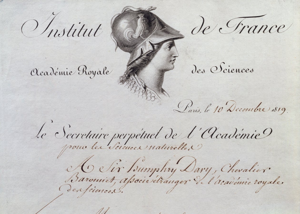 Certificaat van Lidmaatschap van Sir Humphry Davy (1778-1829) aan het Institut de France, 10 december 1819 door French School