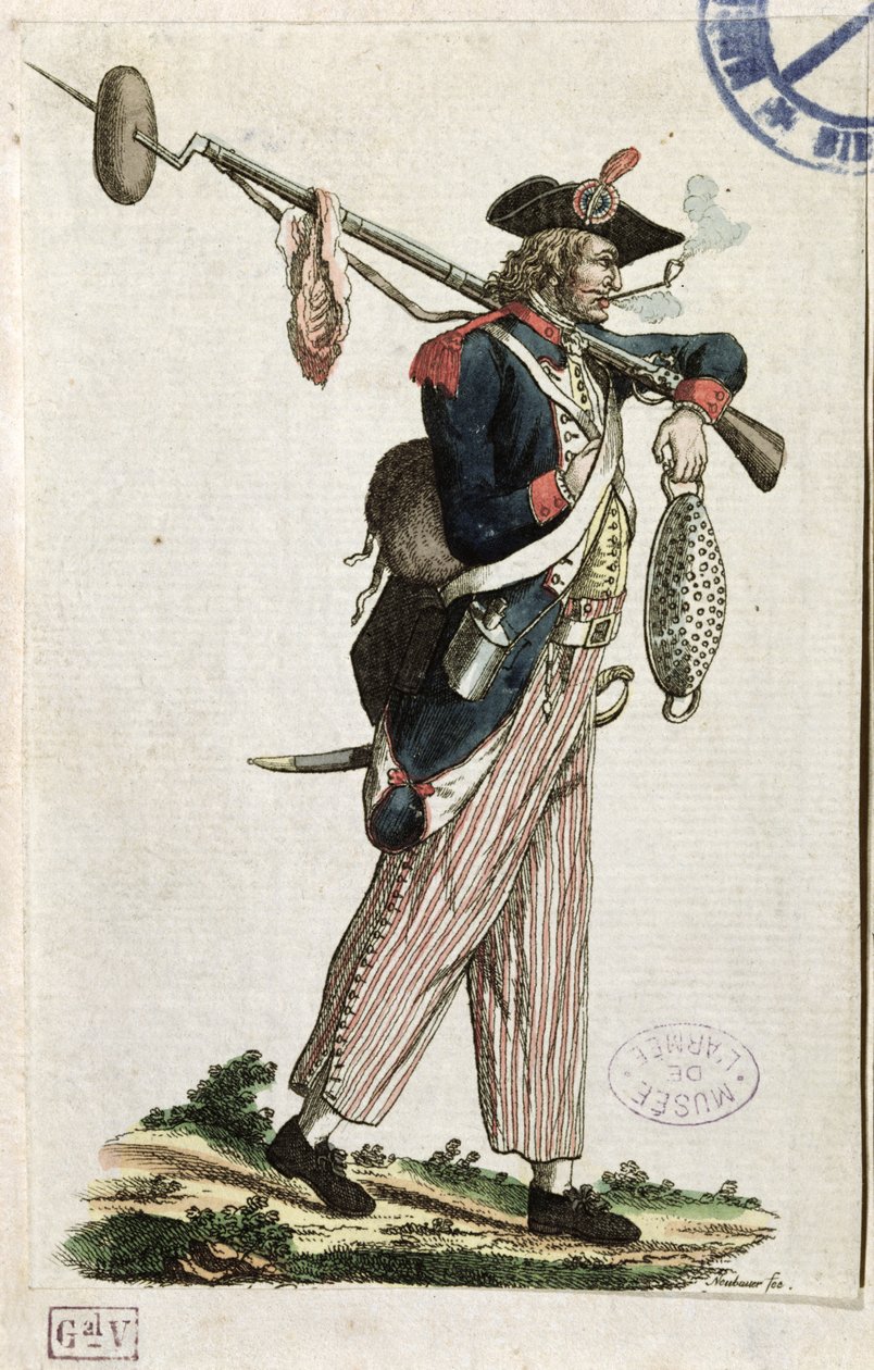 Soldaat van de Franse Revolutie met een bajonet waaraan een brood en een stuk vlees zijn bevestigd: L