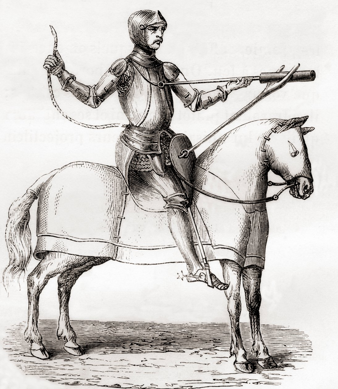 Soldaat te paard met een handbombarde, laat 14e en begin 15e eeuw, naar een tekening uit het manuscript van Marianus Jacobus, uit Les Merveilles de la Science, gepubliceerd ca. 1870 (gravure) door French School