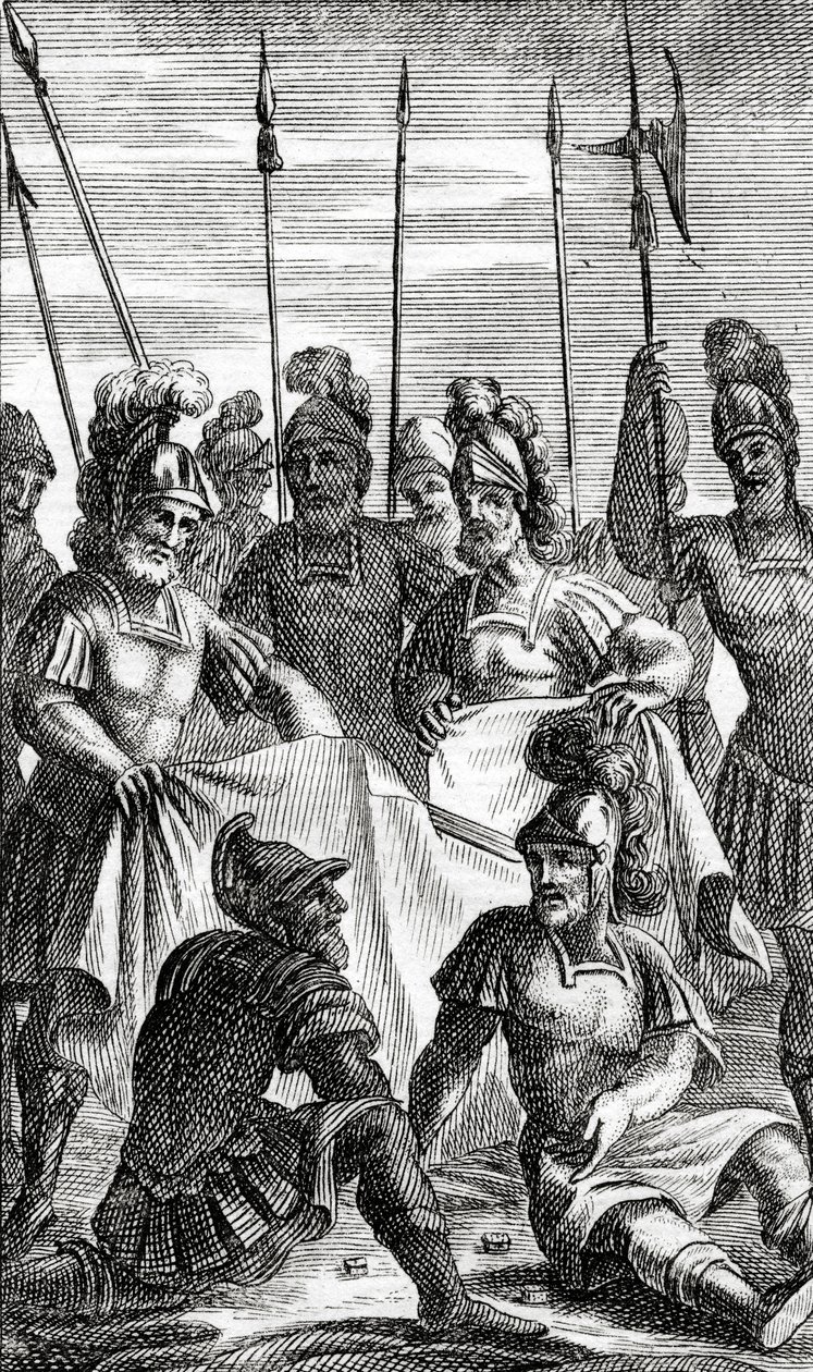 Soldaten werpen loten voor de verdeling van de kleren van Jezus Christus door French School