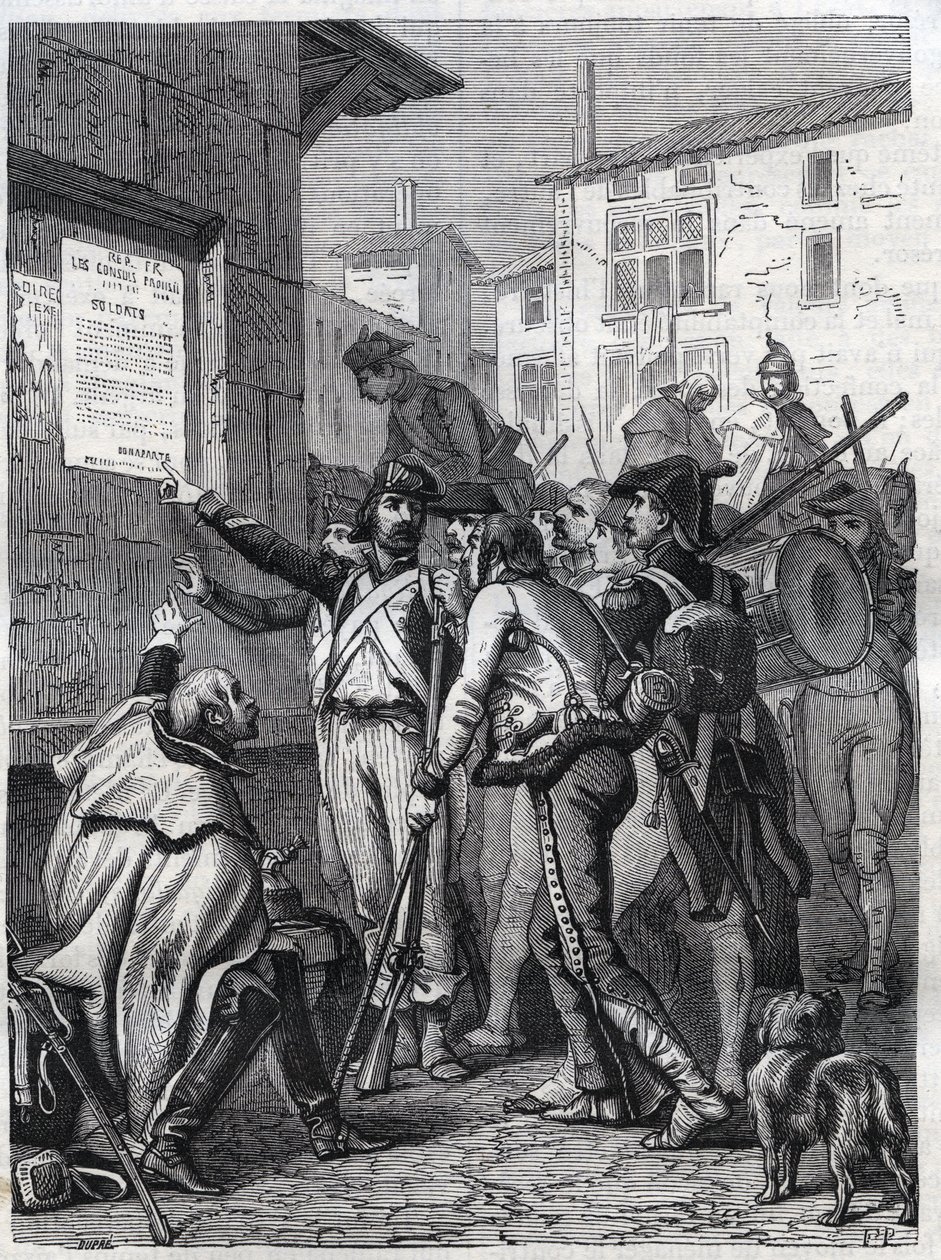 Soldaten, jullie behoeften zijn groot: Franse soldaten lezen de proclamatie van generaal Bonaparte in november 1799 - Gravure van 1865 in "Histoire du Consulate et de l
