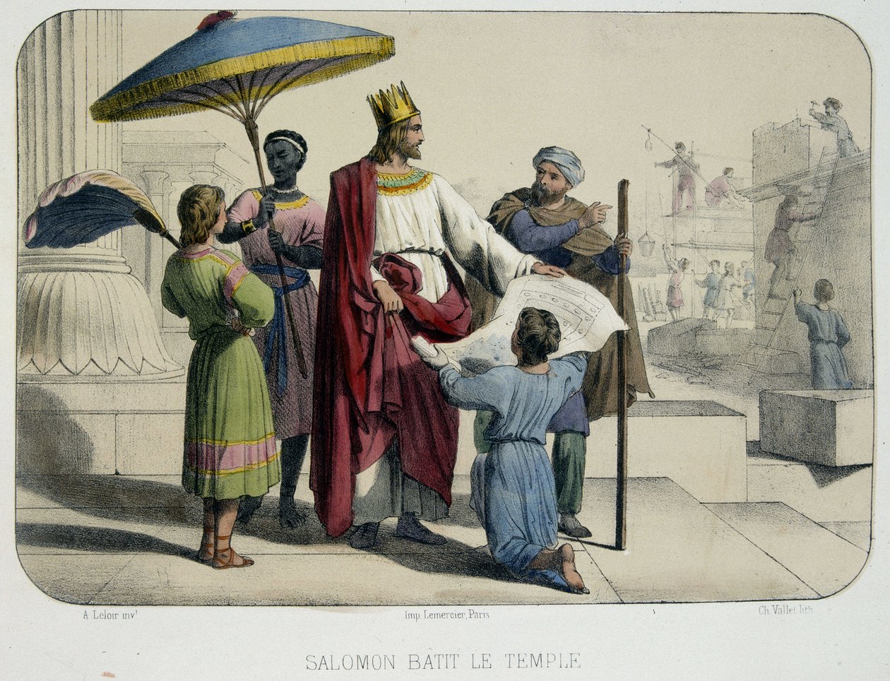 Salomo bouwde de tempel (de bouwplaats op de achtergrond) door French School