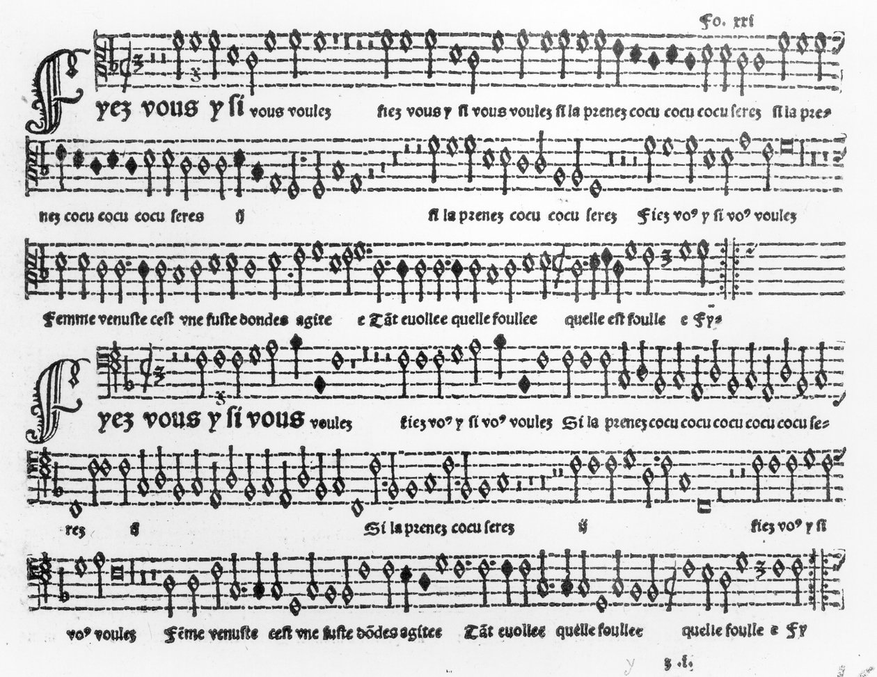Liedblad uit Chansons Musicales gepubliceerd door Pierre Attaignant (d.1552) 1535-36 door French School