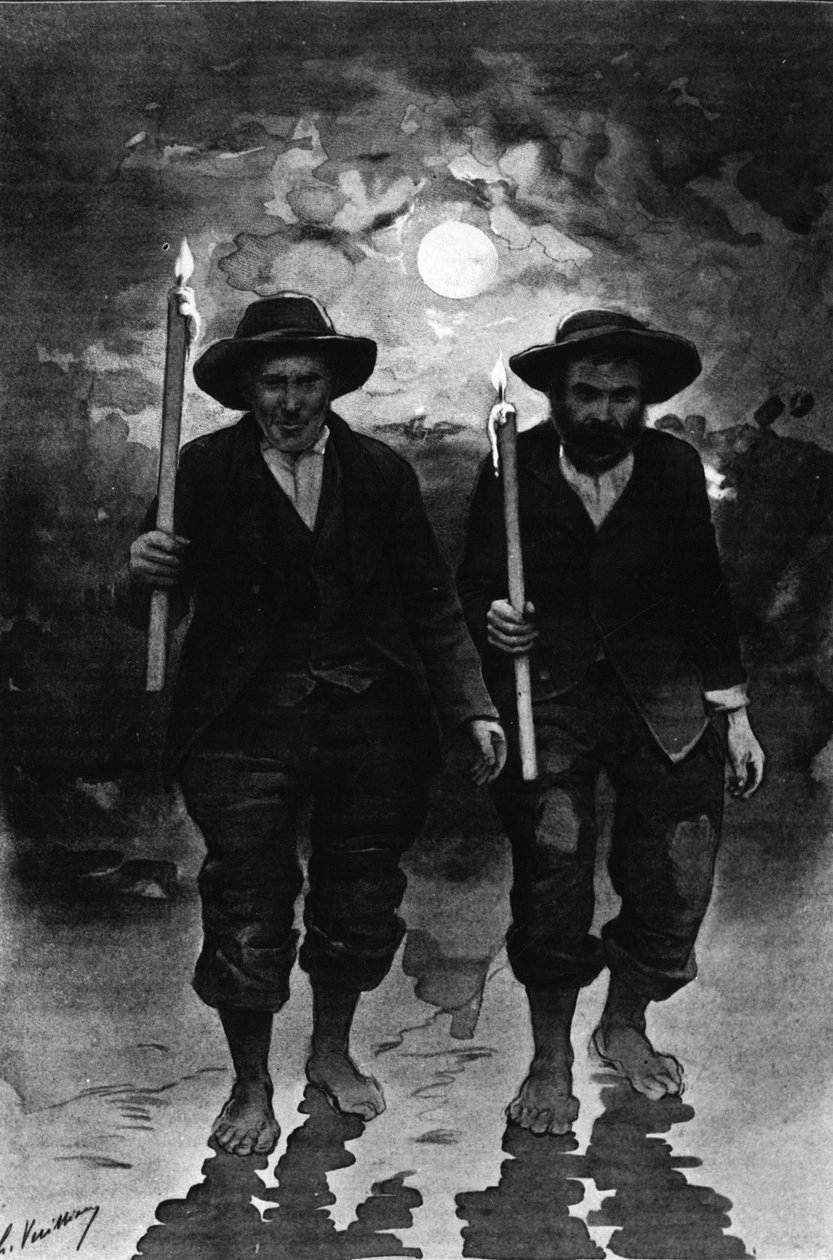 Bron en zieke: twee mannen, een nacht volle maan, elk met een kaars en blootsvoets lopend (processie?) - in 