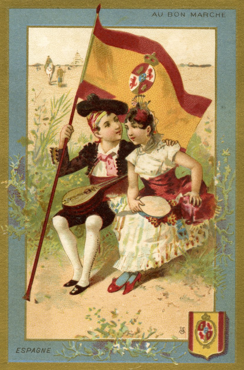 Spaanse jongen en meisje, uit een serie illustraties van kinderen uit verschillende landen, geproduceerd als promotiekaarten voor het Bon Marché warenhuis in Parijs, c.1890 door French School