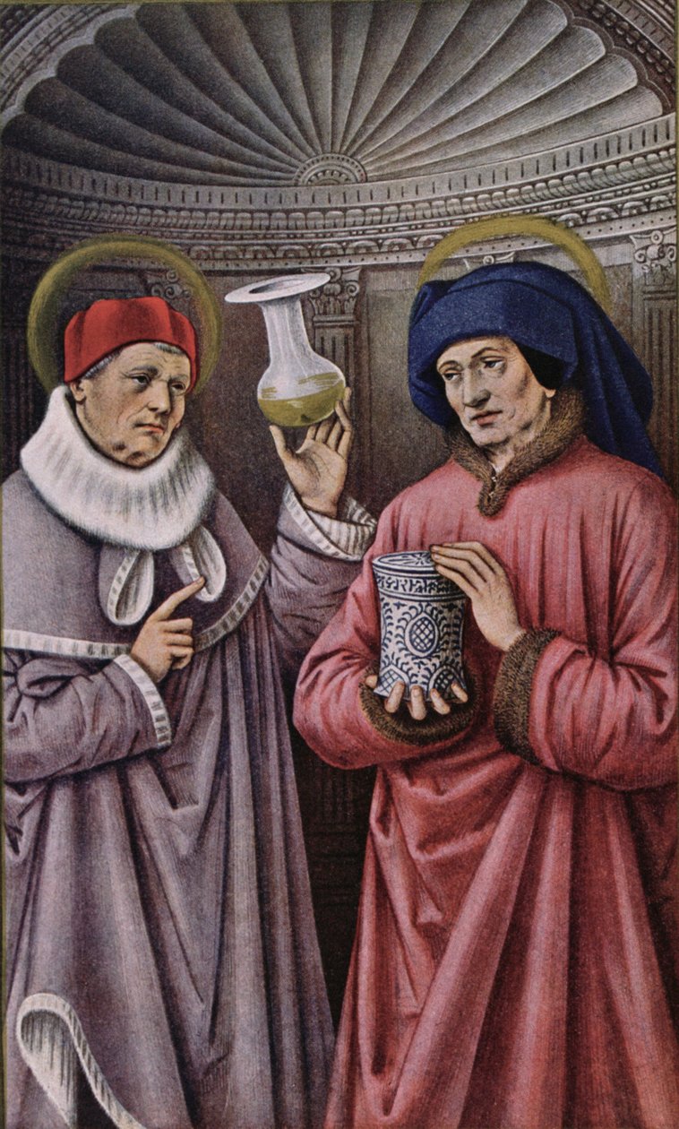 St. Cosmas en St. Damian, beschermheiligen van artsen en apothekers, kopie uit een Getijdenboek van Anne van Bretagne door French School