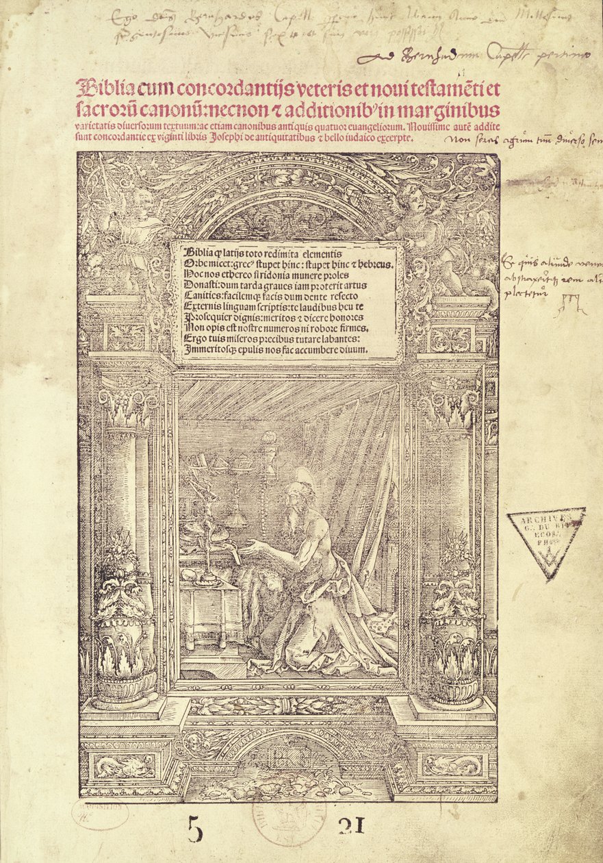 St. Hiëronymus in zijn studiolo, titelpagina van een Bijbel, gedrukt door J. Marion, Lyon, 1521 door French School
